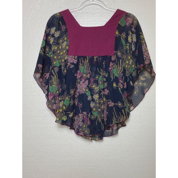Love Squared Sheer Floral Overlay Blouse Small Navy/Magenta Boho Hippie Top Cute - Picture 2 of 3